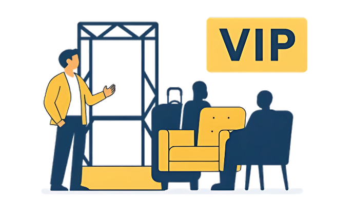 خدمات VIP في المعارض مع منطقة استقبال فاخرة وكراسي مخصصة للعملاء المميزين
